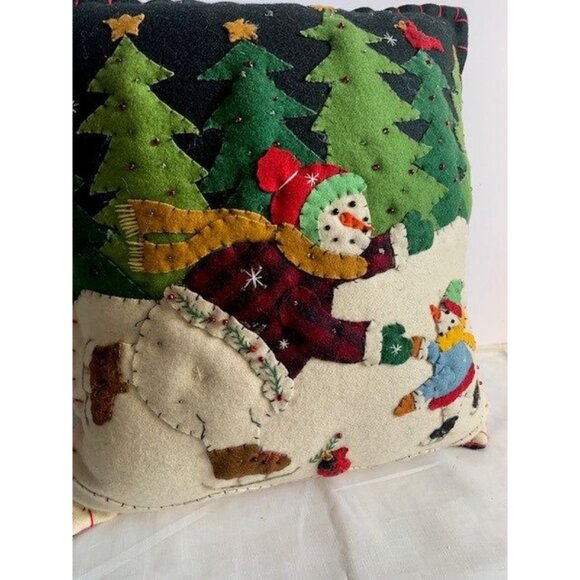 Handmade Winter Snowman & Trees Appliqué Pillow 11"x12" - Picture 3 of 6